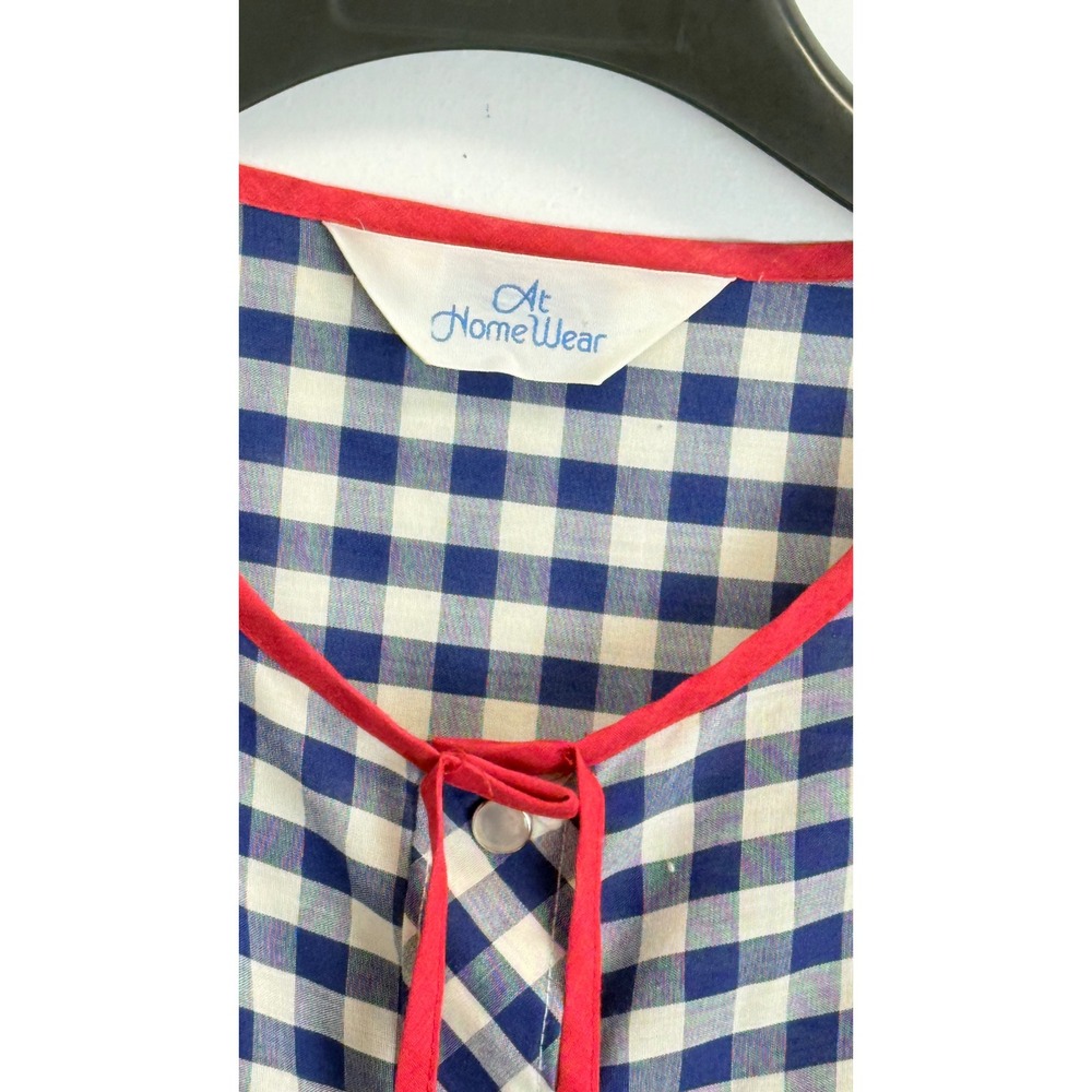Vintage At Home Wear M/L Gingham House Dress Blue White Red Button Front Robe - Picture 3 of 9